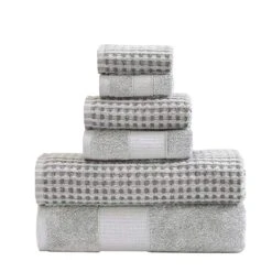 Porto 6 Piece Dual Tone Towel Set With Jacquard Pattern The Urban Port, Light Gray-Benzara
