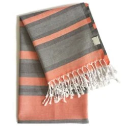HomeRoots Peach And Dark Grey Striped Design Turkish Beach Blanket