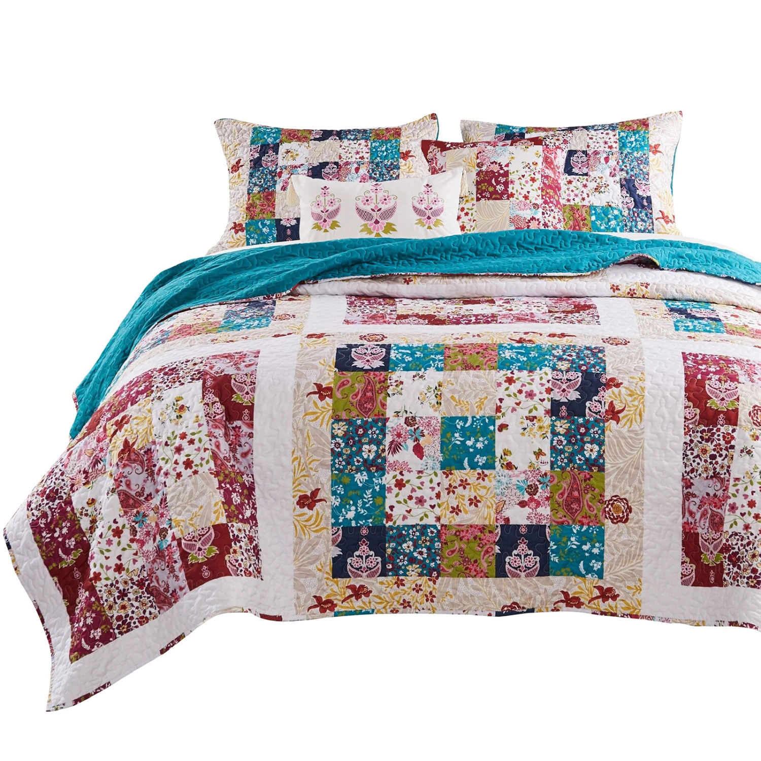 Zay Microfiber Quilt Set, Vintage Patchwork, Multicolor-Benzara 2 Zay Microfiber Quilt Set, Vintage Patchwork, Multicolor-Benzara - Image 2