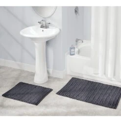 MDesign Bathroom 3 Piece Rug Set, Cotton, Water Absorbent Bath Mats, Navy Blue -Bed Linings Sale ac49d449c30744fab252551db1a27b66