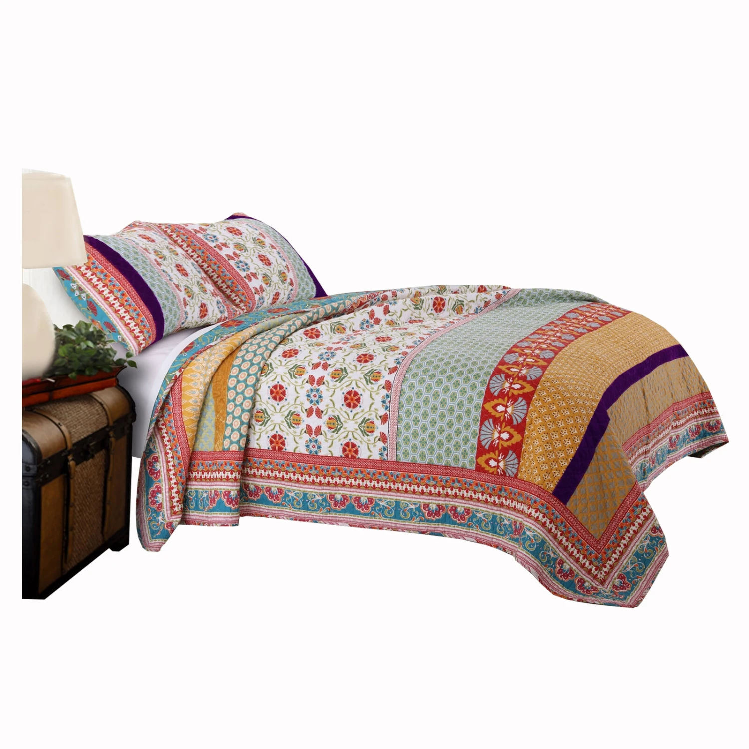 Geometric And Floral Print Full Size Quilt Set With 2 Shams, Multicolor-Benzara 1 Geometric And Floral Print Full Size Quilt Set With 2 Shams, Multicolor-Benzara