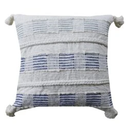 22" White And Blue Handloomed Throw Pillow With Tassels