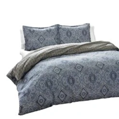 QuikFurn King 3-Piece Cotton Comforter Set With Blue Grey Damask Pattern