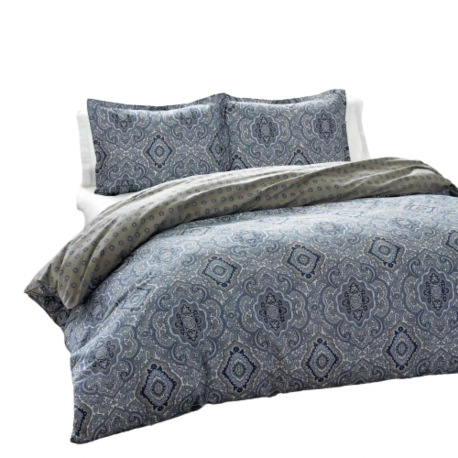 QuikFurn King 3-Piece Cotton Comforter Set With Blue Grey Damask Pattern 1 QuikFurn King 3-Piece Cotton Comforter Set With Blue Grey Damask Pattern