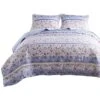 Joa Microfiber Quilt Set, Floral Print, Lace Trim, Multicolor-Benzara