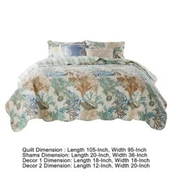Wade Quilt Set, Ocean Design, Scalloped Edges, Floral Pattern-Benzara -Bed Linings Sale b1300c6fef5f48fda0a38fea2a6459e6