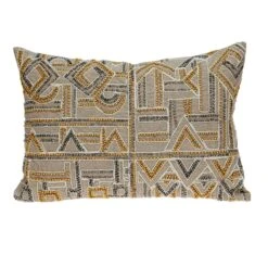 20" Beige And Yellow Embroidered Rectangular Throw Pillow
