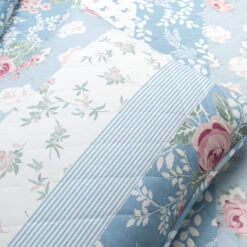 Cottage Core Flower Stripe Oversized Reversible Cotton Quilt Blue/Dusty Pink 3Pc Set Full/Queen -Bed Linings Sale ba3a062288df4c40af699bf35b3eda66
