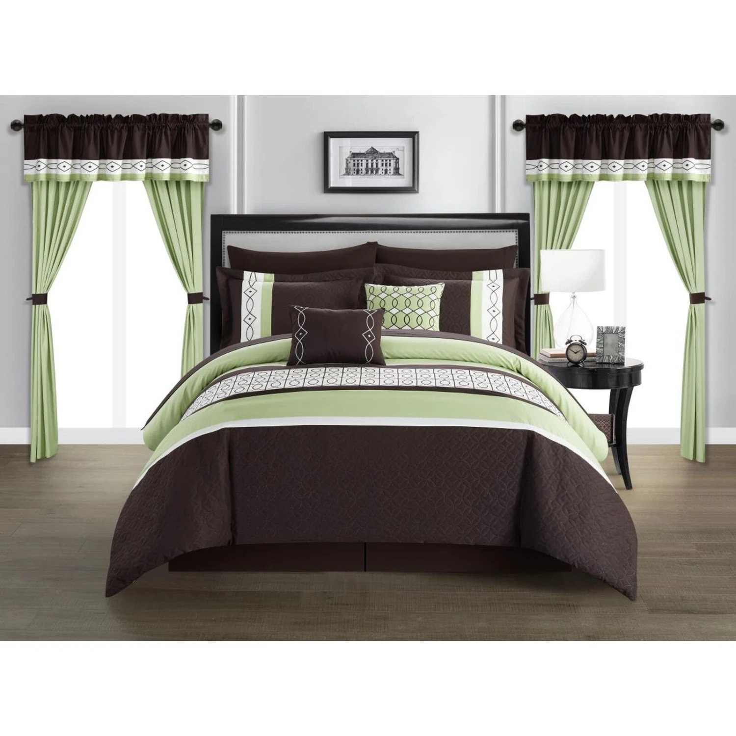 Chic Home Corinne 20 Piece Comforter Set Color Block Geometric Embroide BedBag Bedding Sheet Set Pillowcases Window Treatments Decorative Pillows Shams Included, King Green 1 Chic Home Corinne 20 Piece Comforter Set Color Block Geometric Embroide BedBag Bedding Sheet Set Pillowcases Window Treatments Decorative Pillows Shams Included, King Green