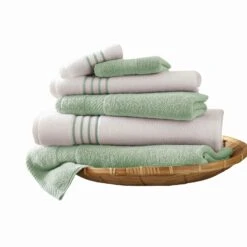 Dana 6 Piece Soft Egyptian Cotton Towel Set, Striped, Sage Green, White-Benzara