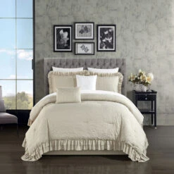 Chic Home Kensley Comforter Set Washed Crinkle Ruffled Flange Border Design Bedding Beige, King