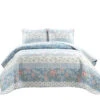 Cottage Core Flower Stripe Oversized Reversible Cotton Quilt Blue/Dusty Pink 3Pc Set Full/Queen