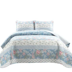 Cottage Core Flower Stripe Oversized Reversible Cotton Quilt Blue/Dusty Pink 3Pc Set Full/Queen
