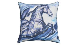 HomeRoots 18" X 18" Blue Horse Zippered Cotton Blend Throw Pillow With Embroidery