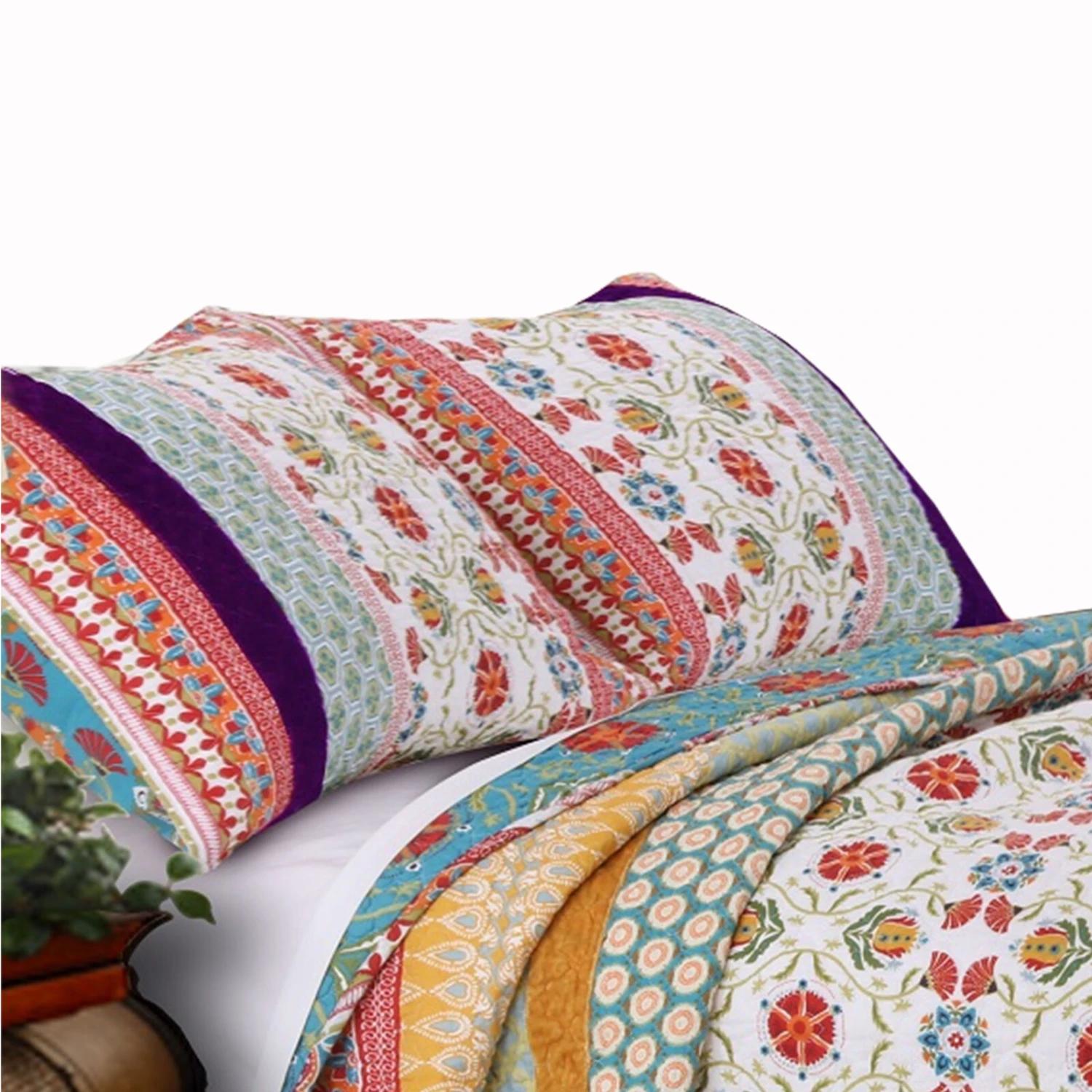 Geometric And Floral Print Full Size Quilt Set With 2 Shams, Multicolor-Benzara 2 Geometric And Floral Print Full Size Quilt Set With 2 Shams, Multicolor-Benzara - Image 2