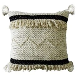 20" Beige And Black Handloomed Throw Pillow With Tassels