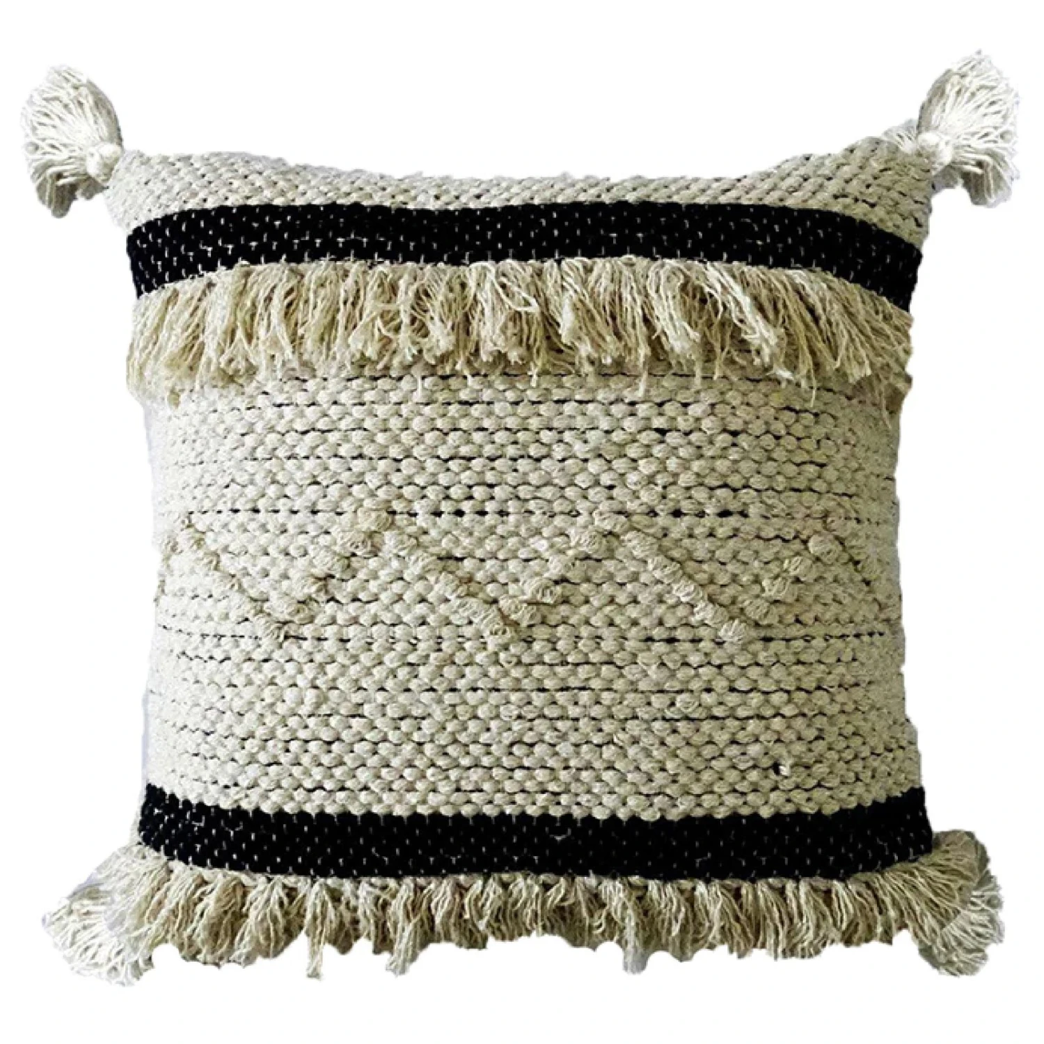 20" Beige And Black Handloomed Throw Pillow With Tassels 1 20" Beige And Black Handloomed Throw Pillow With Tassels