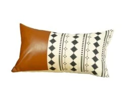 HomeRoots Geometric Patterns And Brown Faux Leather Lumbar Pillow Cover