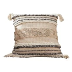 18 Inch Textured Decorative Throw Pillow Cover, Tassels, Beige, Gray Fabric-Benzara