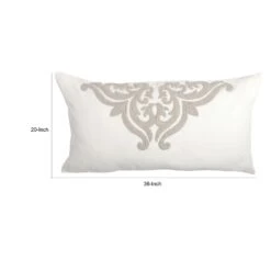 Lenz 20 X 36 Lumbar King Pillow Sham, Hand Stitched Ivory Damask Embroidery-Benzara -Bed Linings Sale cb8c566b419a451b86a2e1d2b154ab75