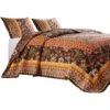 Dill Quilt Set, Bohemian, Jacobean Floral Print, Brown, Orange-Benzara