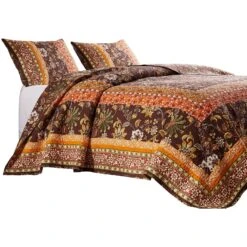 Dill Quilt Set, Bohemian, Jacobean Floral Print, Brown, Orange-Benzara