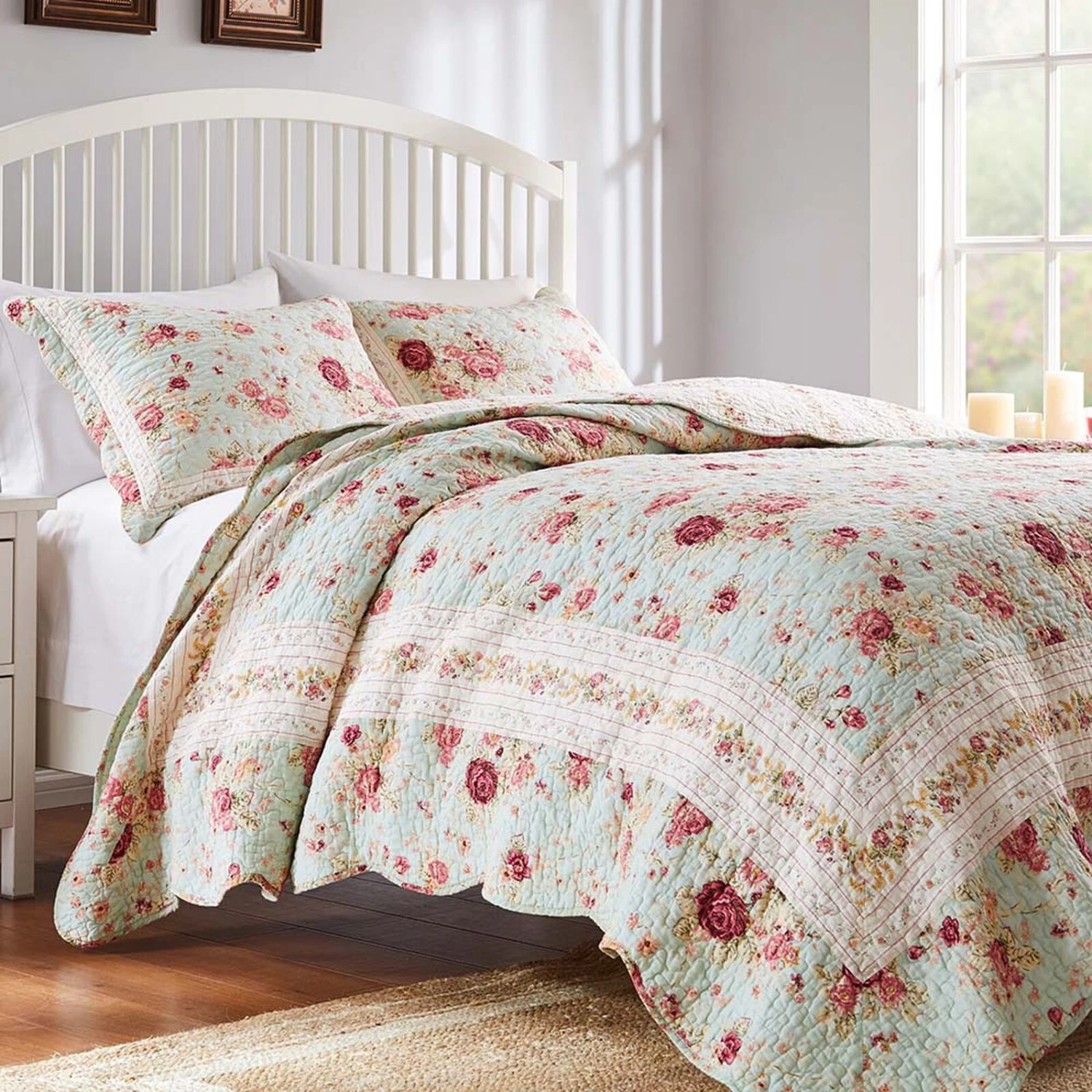 Greenland Home Antique Rose Floral Pinstripe With Dainty Scrolling Embellishments Quilt Set 3-Piece Full/Queen Blue 1 Greenland Home Antique Rose Floral Pinstripe With Dainty Scrolling Embellishments Quilt Set 3-Piece Full/Queen Blue