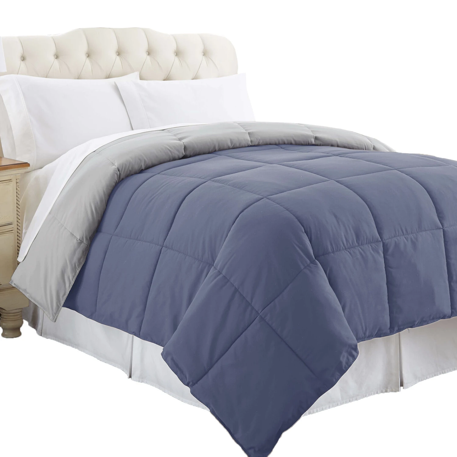 Genoa Reversible King Comforter With Box Quilted The Urban Port, Silver And Blue-Benzara 2 Genoa Reversible King Comforter With Box Quilted The Urban Port, Silver And Blue-Benzara - Image 2