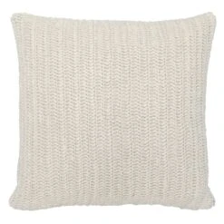 Square Fabric Throw Pillow With Hand Knit Details And Knife Edges, White- Benzara