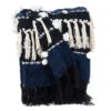 HomeRoots Navy Blue Boho Woven Handloom Throw With Pom Pom