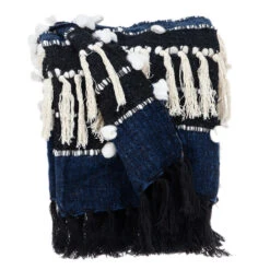 HomeRoots Navy Blue Boho Woven Handloom Throw With Pom Pom