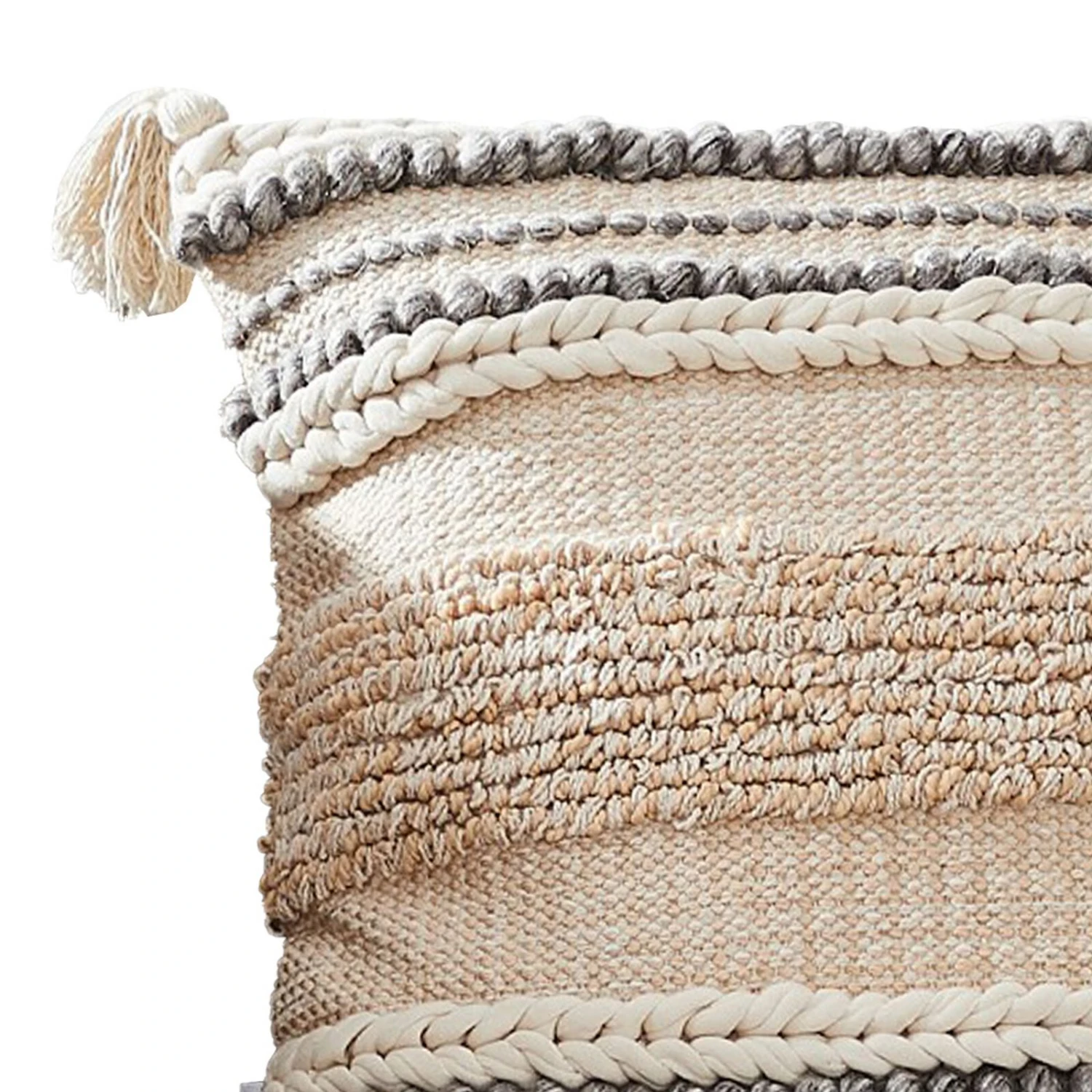 18 Inch Textured Decorative Throw Pillow Cover, Tassels, Beige, Gray Fabric-Benzara 2 18 Inch Textured Decorative Throw Pillow Cover, Tassels, Beige, Gray Fabric-Benzara - Image 2