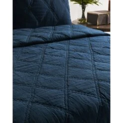 Hara Hand Quilted Flax Linen Quilt Polyester Fill, Midnight Blue-Benzara -Bed Linings Sale e605a6ff13a54d6ea692d680e40042bb