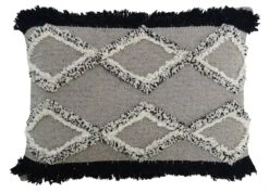 Homezia 16" X 22" Black And Gray Diamond Handmade Cotton Blend Throw Pillow With Fringe