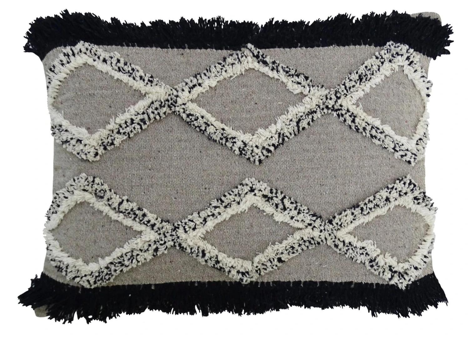 Homezia 16" X 22" Black And Gray Diamond Handmade Cotton Blend Throw Pillow With Fringe 1 Homezia 16" X 22" Black And Gray Diamond Handmade Cotton Blend Throw Pillow With Fringe