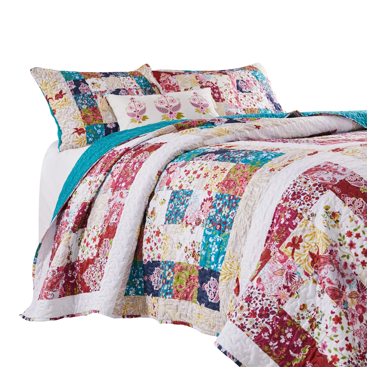 Zay Microfiber Quilt Set, Vintage Patchwork, Multicolor-Benzara 3 Zay Microfiber Quilt Set, Vintage Patchwork, Multicolor-Benzara - Image 3