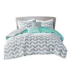 QuikFurn Reversible Comforter Set In Grey White Aqua Teal Chevron Stripe