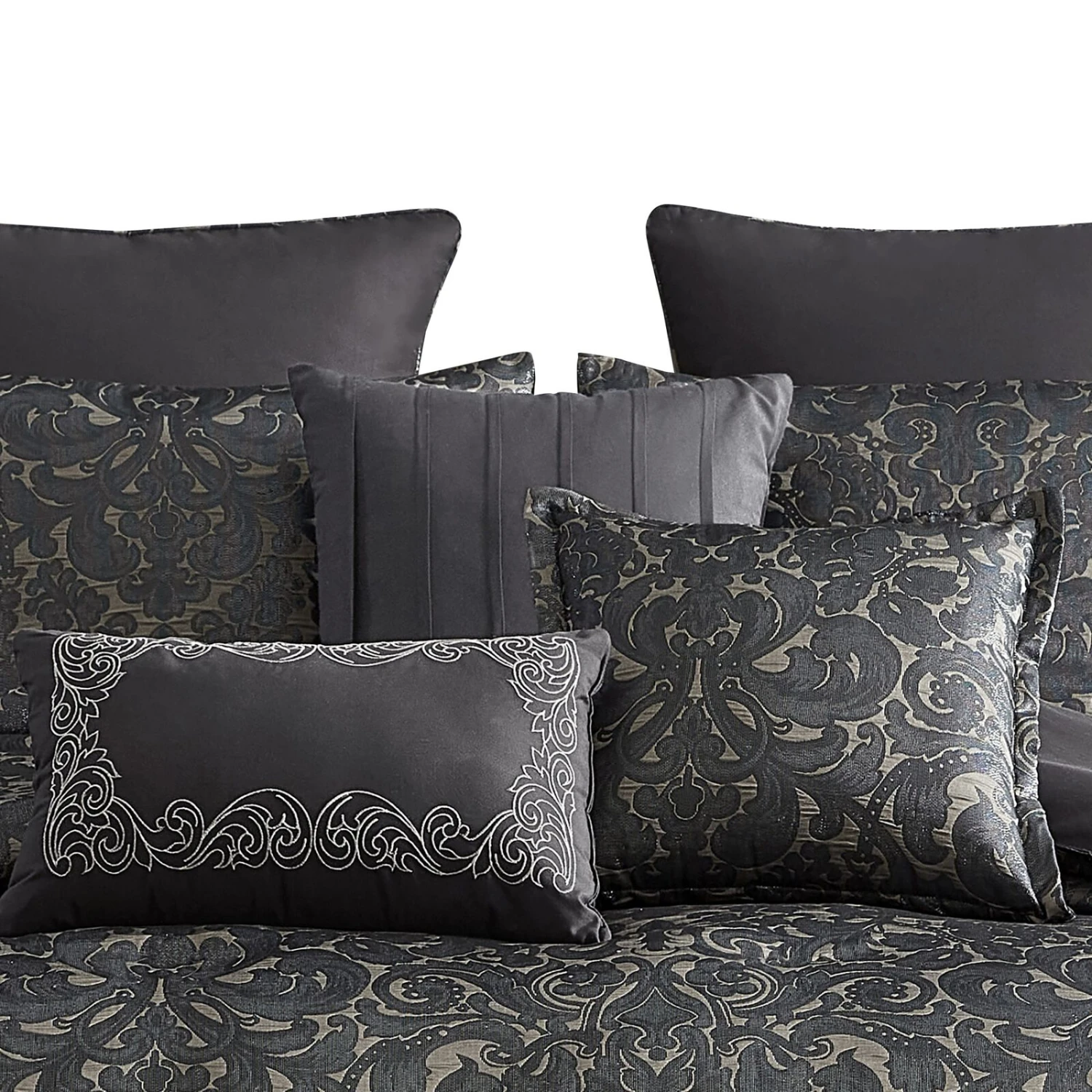 Pixie 10 Piece Polyester King Comforter Set, Damask Pattern, Charcoal Gray-Benzara 2 Pixie 10 Piece Polyester King Comforter Set, Damask Pattern, Charcoal Gray-Benzara - Image 2