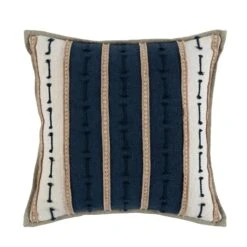 20 Inch Square Cotton Decorative Throw Pillow, Hand Trimmed, Blue, Beige-Benzara