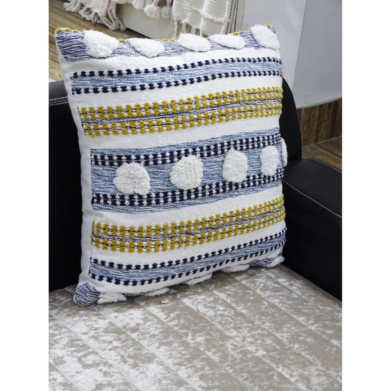 Homezia 20" X 20" Blue And Yellow Ribbed Zippered Cotton Blend Throw Pillow 4 Homezia 20" X 20" Blue And Yellow Ribbed Zippered Cotton Blend Throw Pillow - Image 4