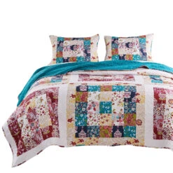 Zay Microfiber Quilt Set, Vintage Patchwork, Multicolor-Benzara