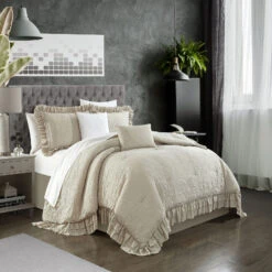 Chic Home Kensley Comforter Set Washed Crinkle Ruffled Flange Border Design Bedding Beige, King -Bed Linings Sale fb4eb74e320e49448d120dbc10500fa1