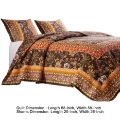 Dill Quilt Set, Bohemian, Jacobean Floral Print, Brown, Orange-Benzara -Bed Linings Sale fef81c7e32904bbbb6768cd45e10b8bf